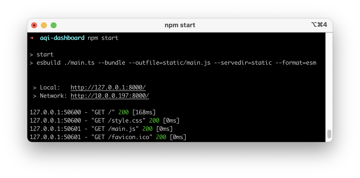 Terminal window with the command 'npm start' run inside the aqi-dashboard folder. The output says 'start' and then 'esbuild' followed by the esbuild string from the package.json file you configured. Then there's 'Local:' followed by a URL and 'Network:' followed by a different URL.