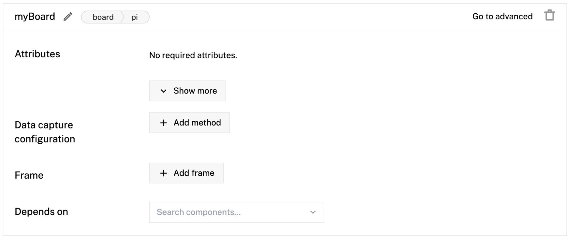 Create component panel, with the name attribute filled as myBoard, type attribute filled as board and model attribute filled as pi.